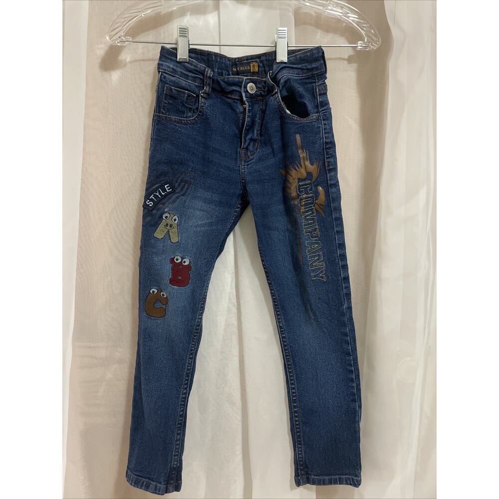 Kids jeans Size 8 Embroidered‎ ABC Painted And Patch Unique Max Blue